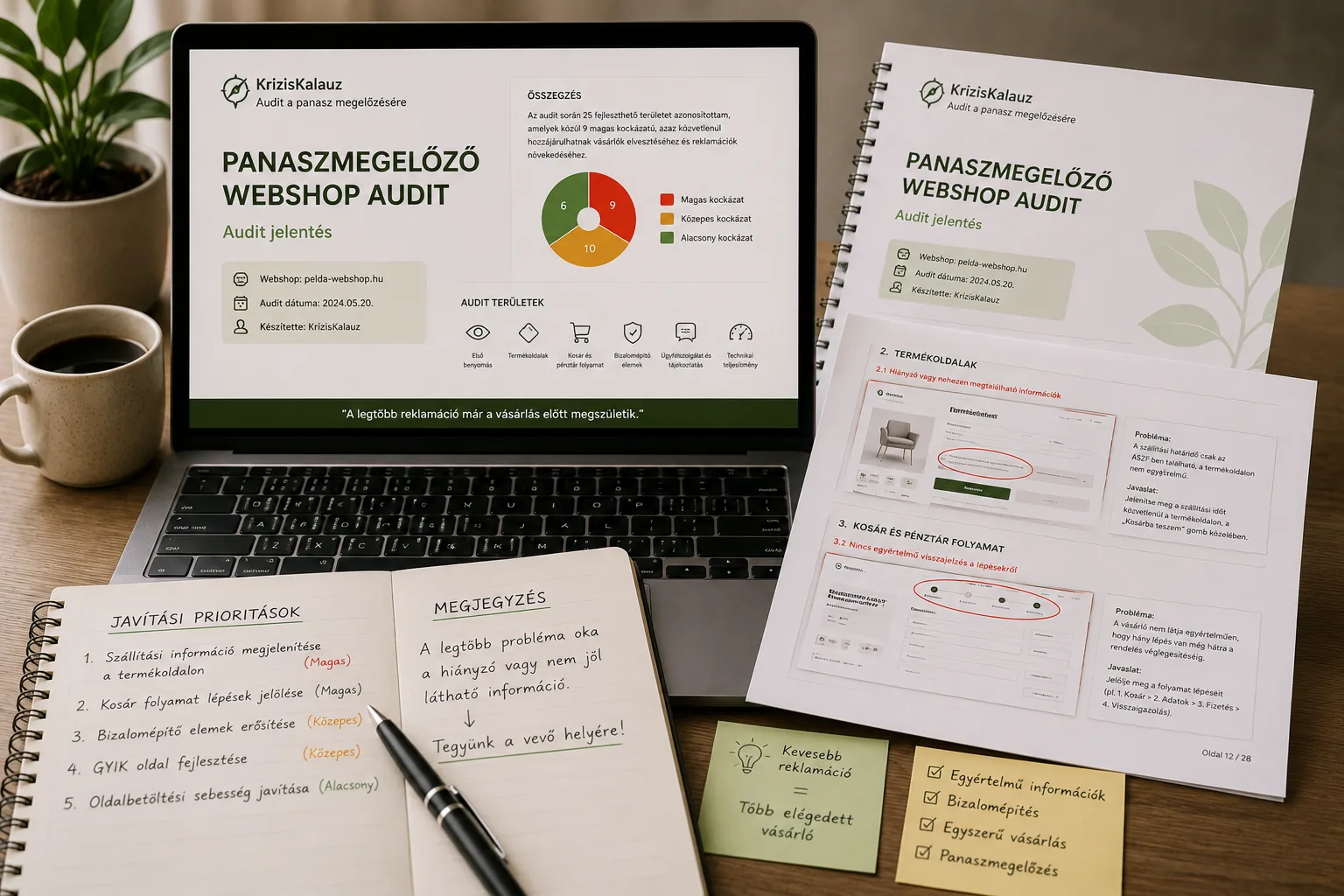 Panaszmegelőző Webshop Audit jelentés: összegzés, kockázati diagram, javítási prioritások és panaszkockázatok