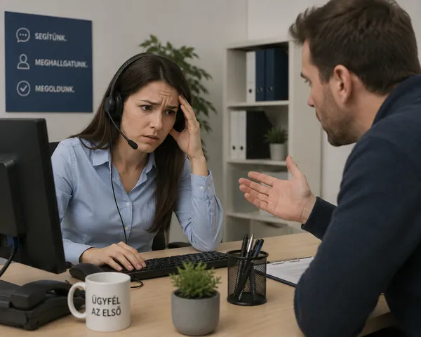 Stresszes ügyfélszolgálatos dühös vásárlóval
